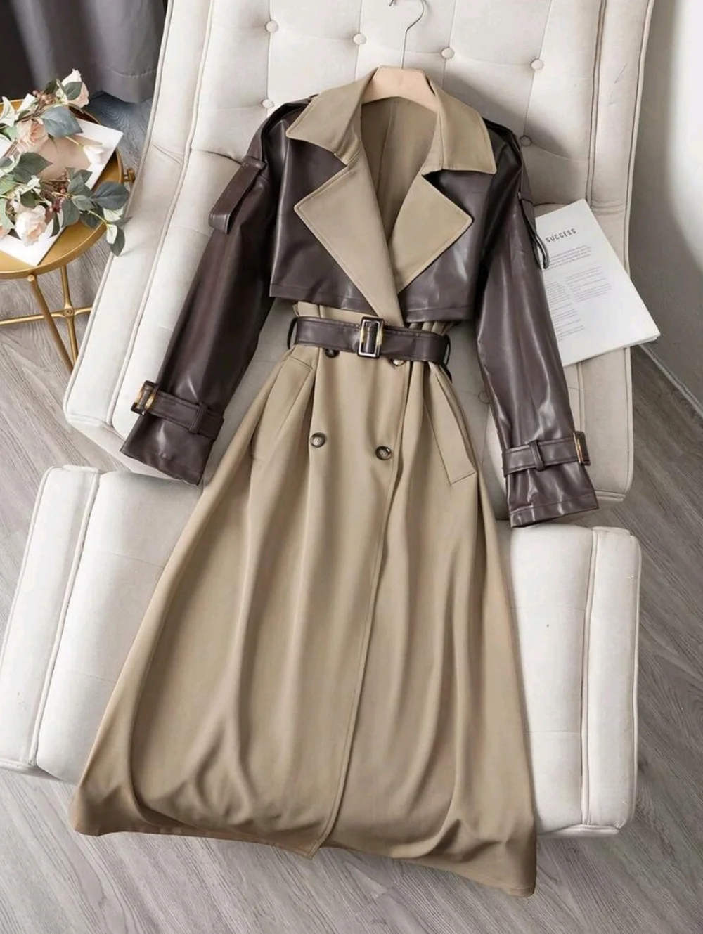 Women's Colorblock Double-Breasted Trench Coat With Contrast Pockets And Belt - Picture 1 of 6